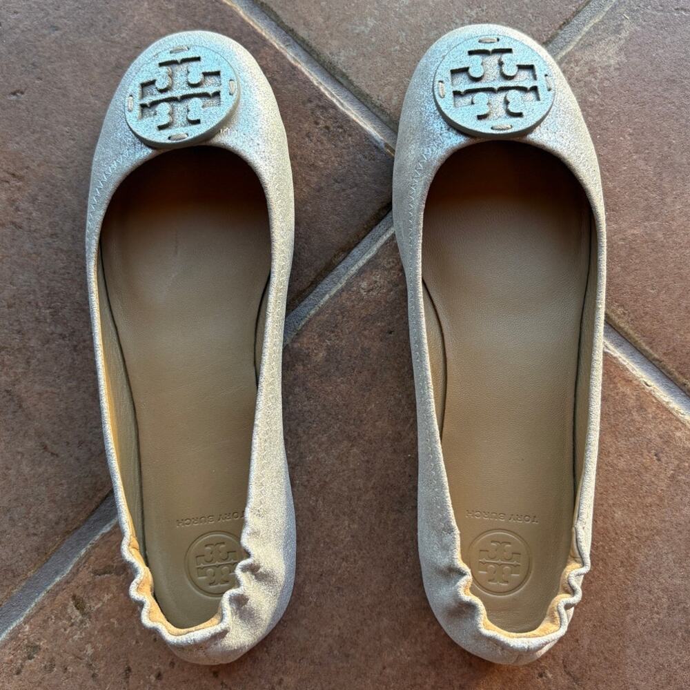 Tory Burch "Minnie" Leather Travel Ballet Flats w Metallic Silver Finish size 8 - Picture 6 of 15